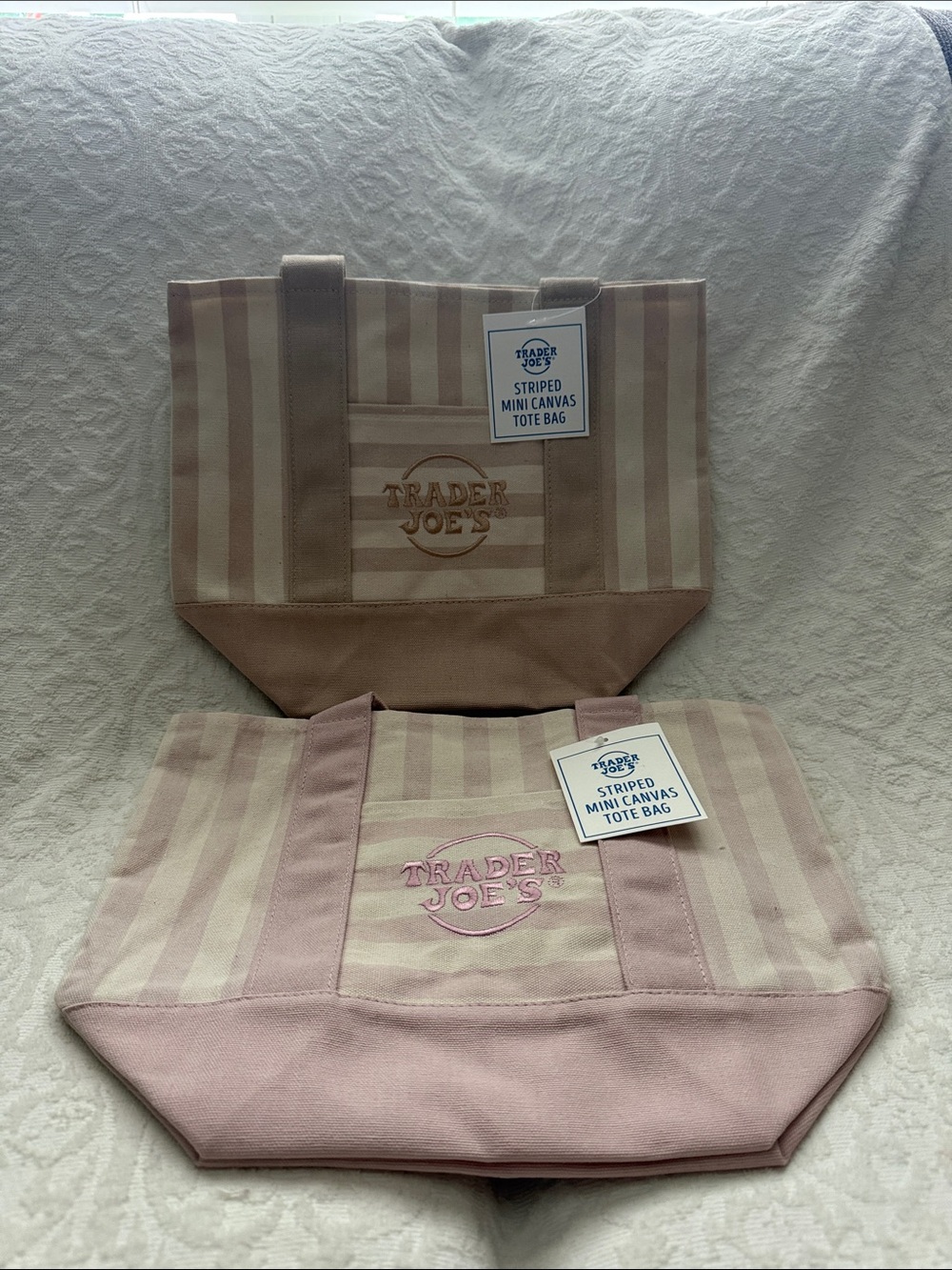 NWT! 2 Pcs. Trader Joe’s Pink Stripe and Tan  Canvas Tote Bag